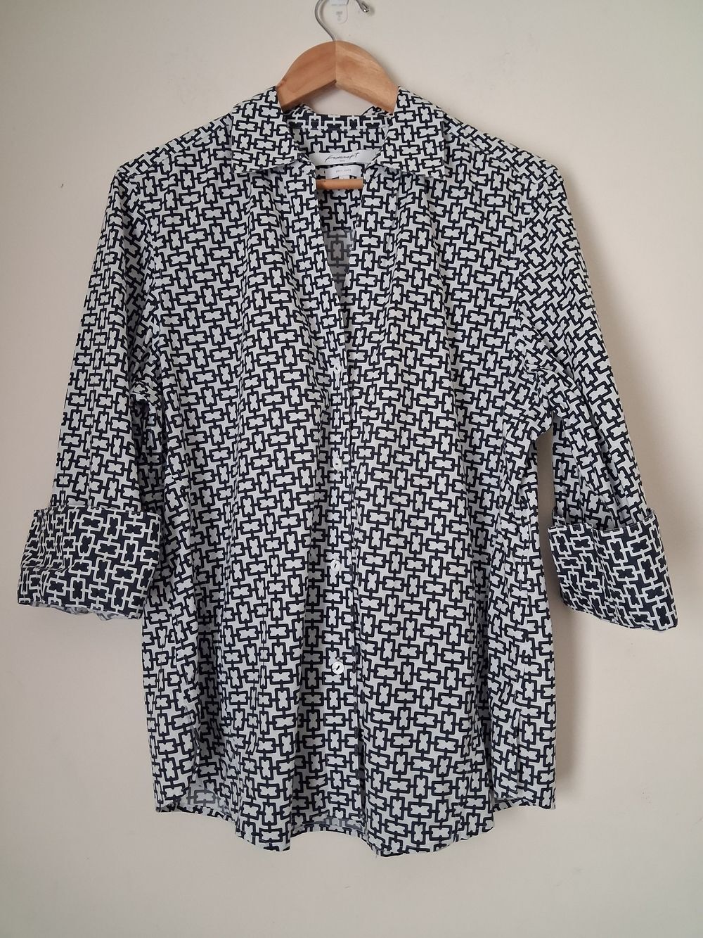 Foxcroft Womens Navy White Geometric Casual Button-Down Shirt L Equestrian